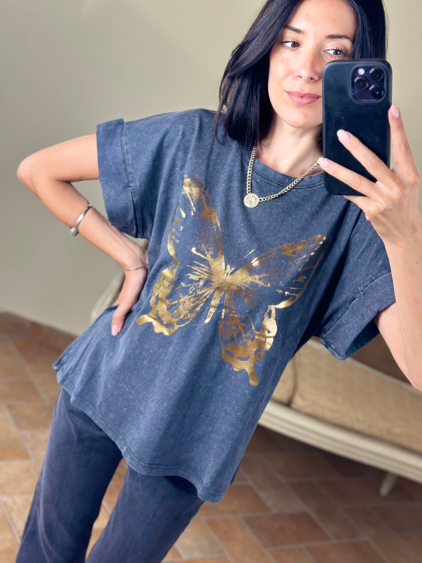 Uni mè t-shirt con stampa butterfly gold