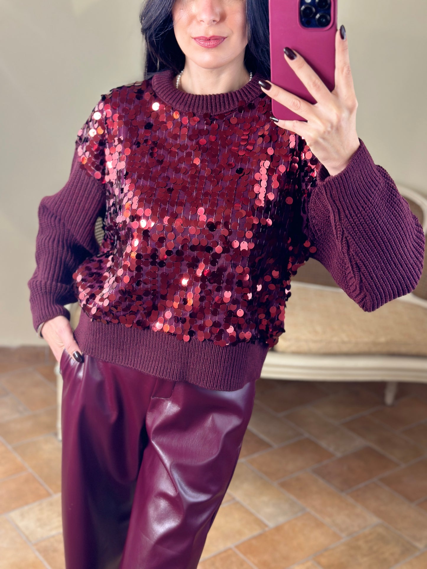 Tensione in Maglia con paillettes Burgundy