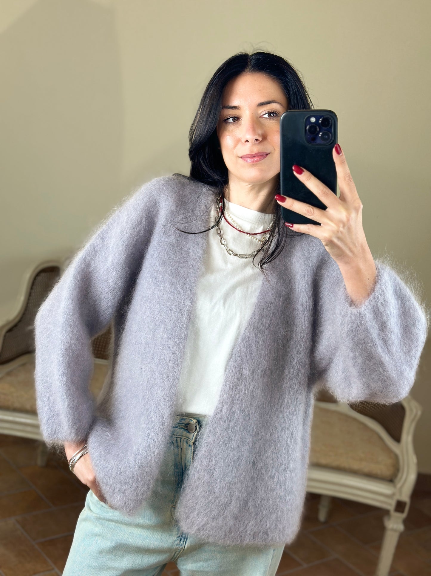 Uni mè Cardigan in kid mohair grigio perla