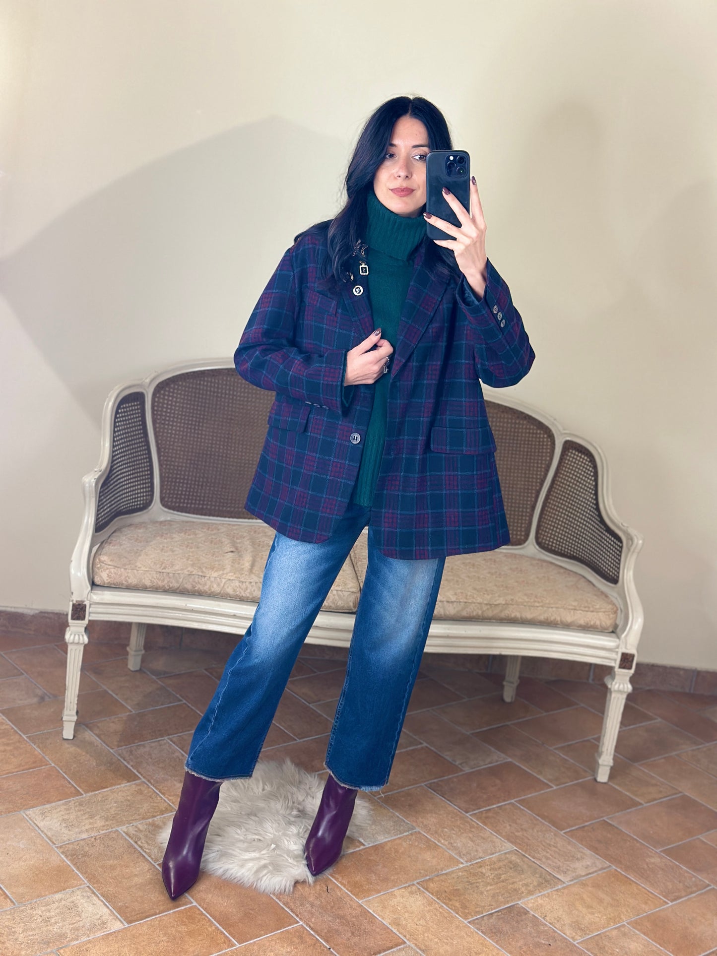 Tensione in Giacca tartan blu/bordeaux con spille