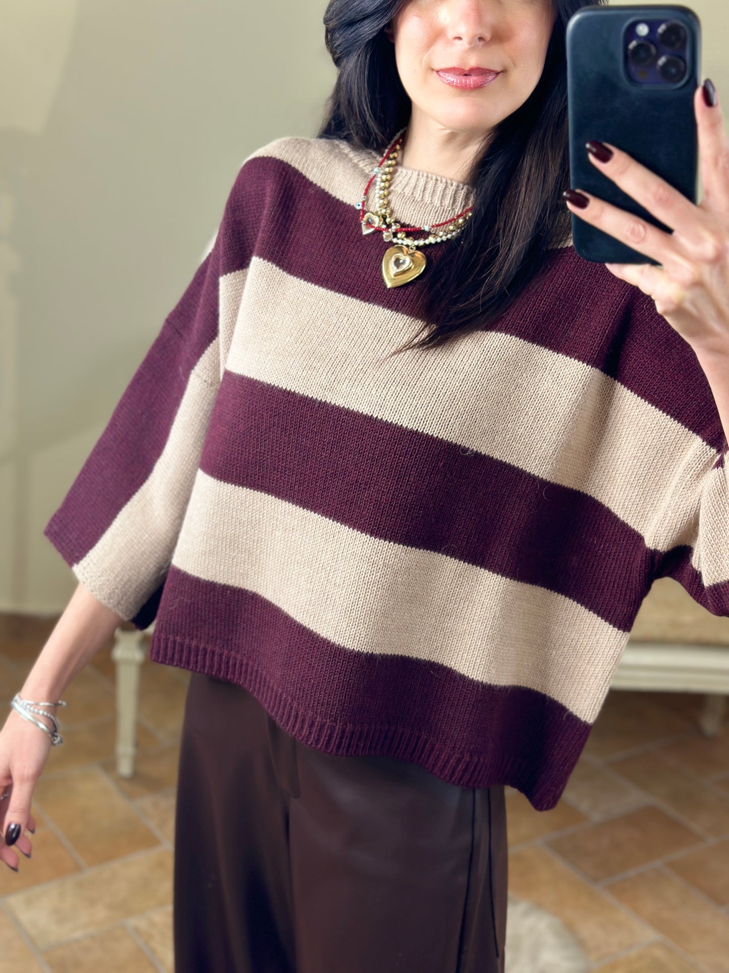 Tensione in Maglia maxi riga bordeaux/ beige taglio a scatola