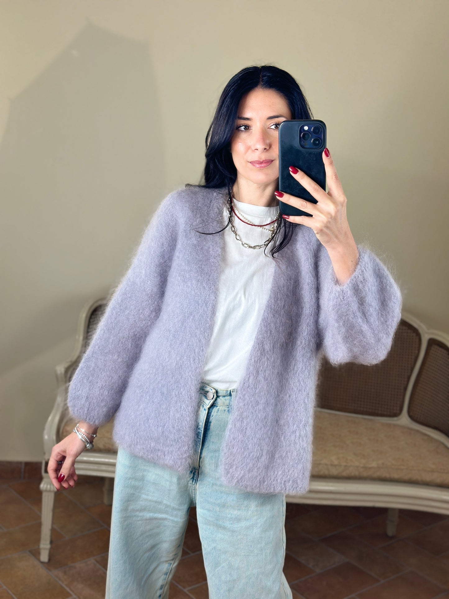 Uni mè Cardigan in kid mohair grigio perla