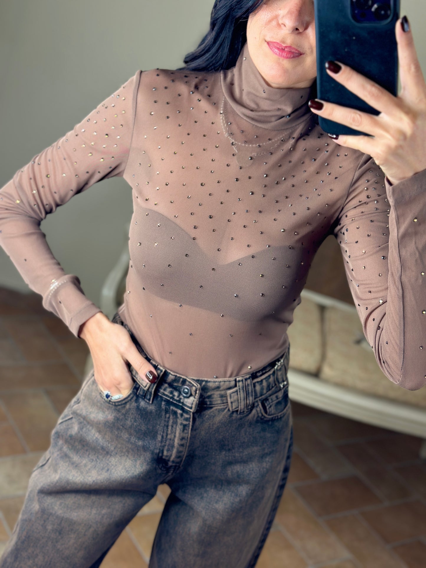 Uni mè Top in mesh con strass