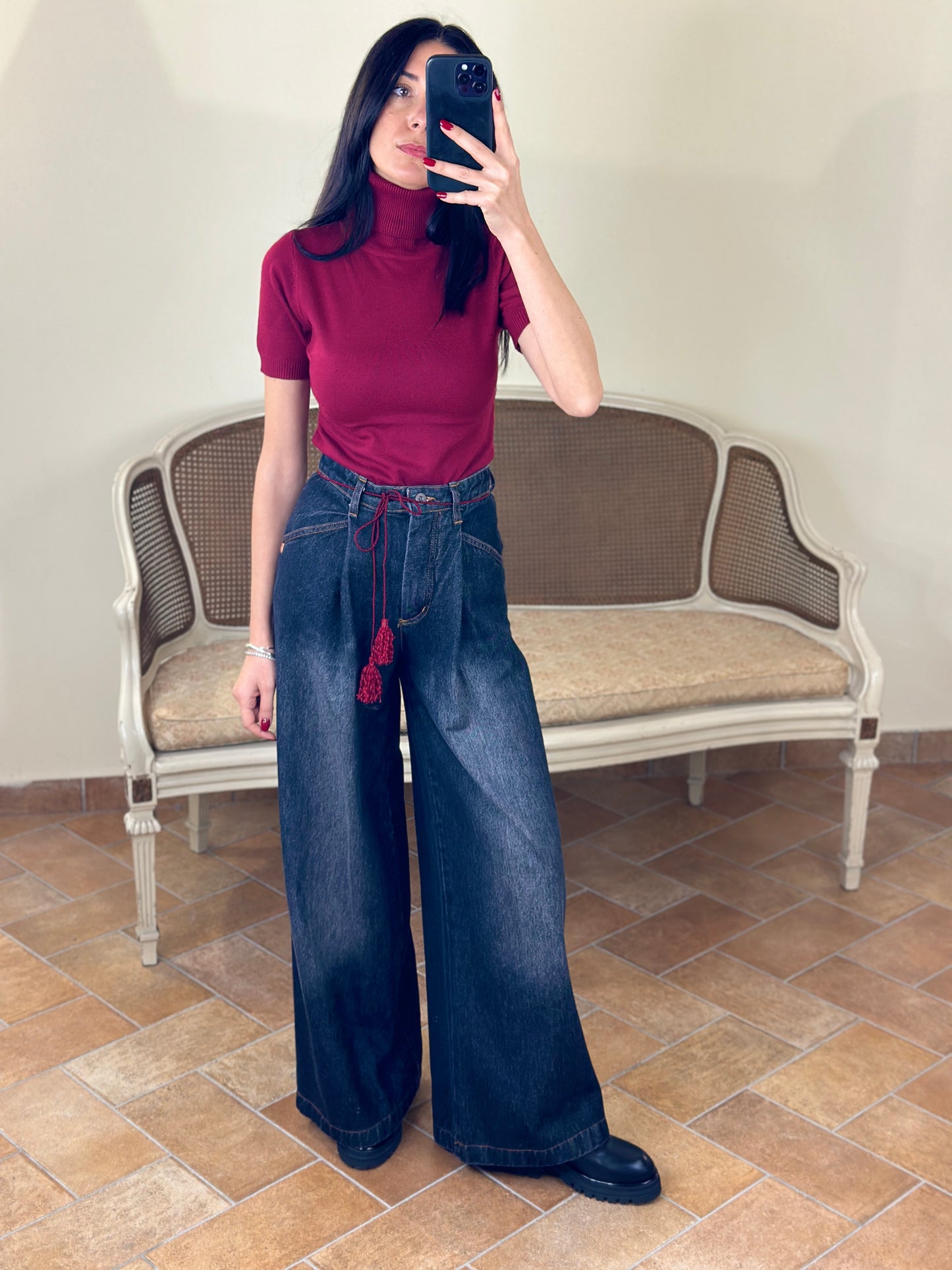 D'elle Jeans palazzo con cordino bordeaux