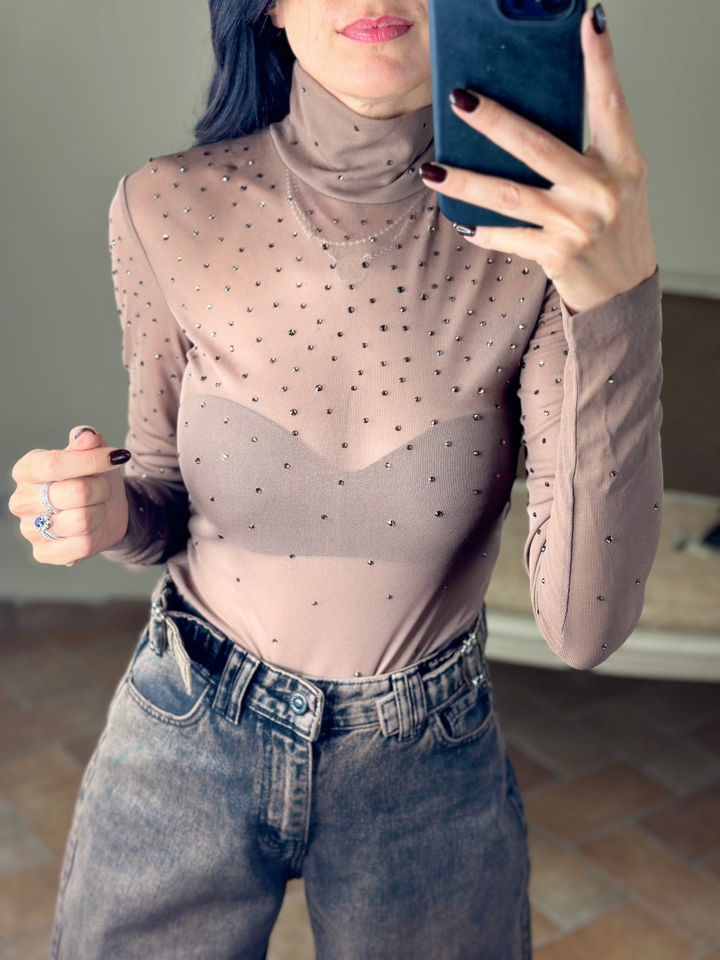 Uni mè Top in mesh con strass