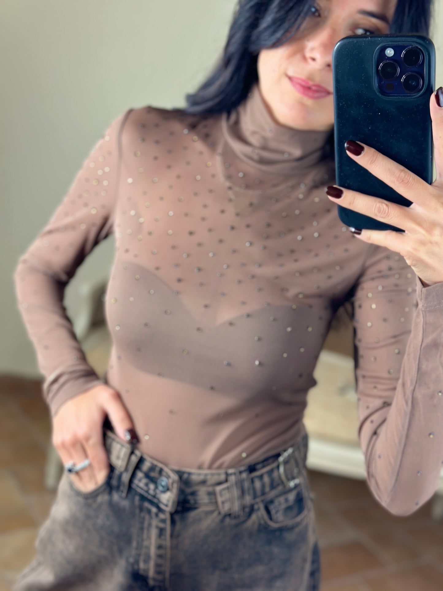 Uni mè Top in mesh con strass