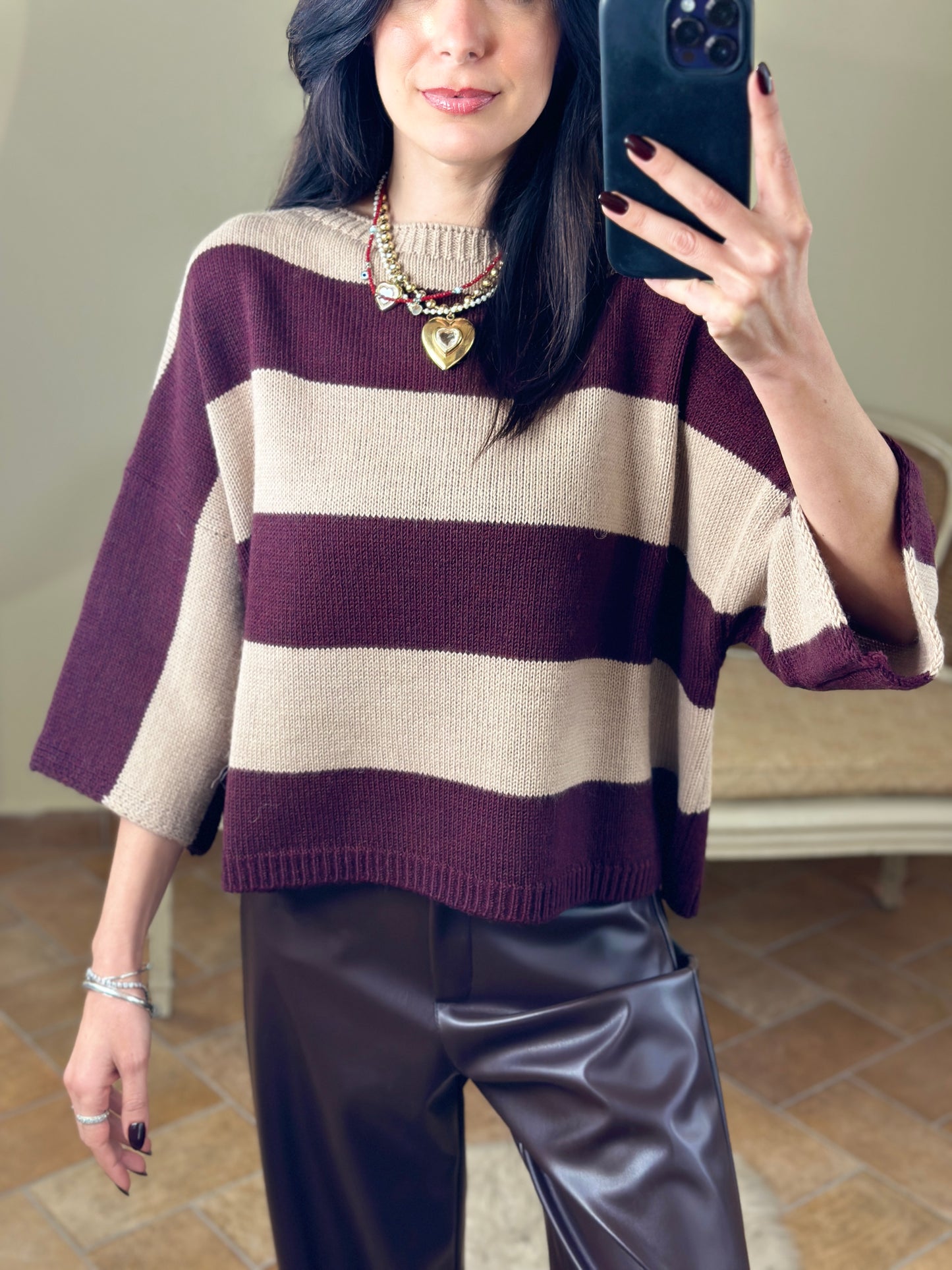 Tensione in Maglia maxi riga bordeaux/ beige taglio a scatola