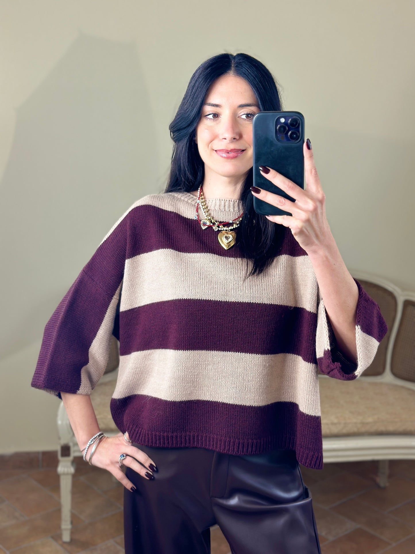 Tensione in Maglia maxi riga bordeaux/ beige taglio a scatola