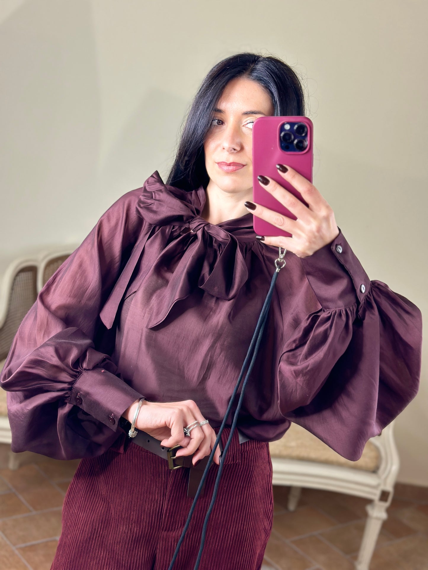 Tensione in Blusa in lyocell con fiocco Burgundy