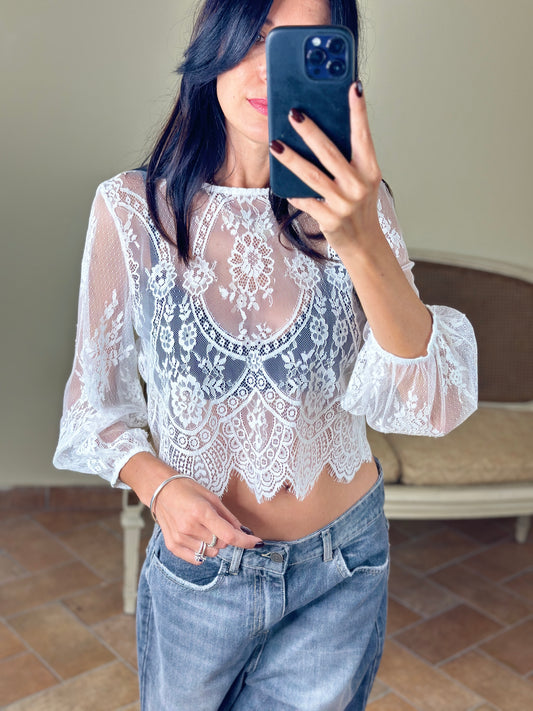 Tensione in blusa in pizzo crop