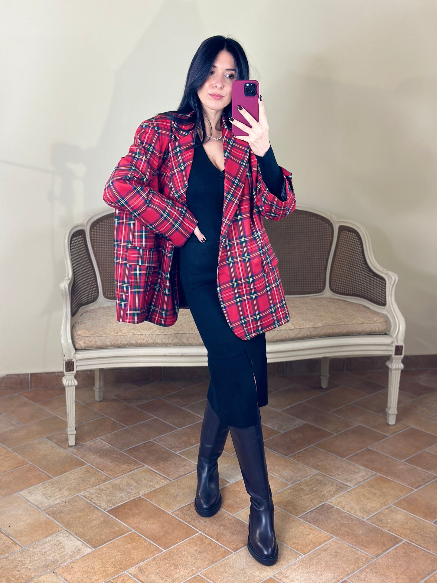 Uni mè Giacca Tartan rosso over