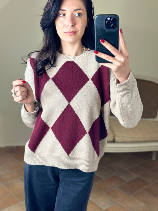 Tensione in maglia rombi beige/bordeaux