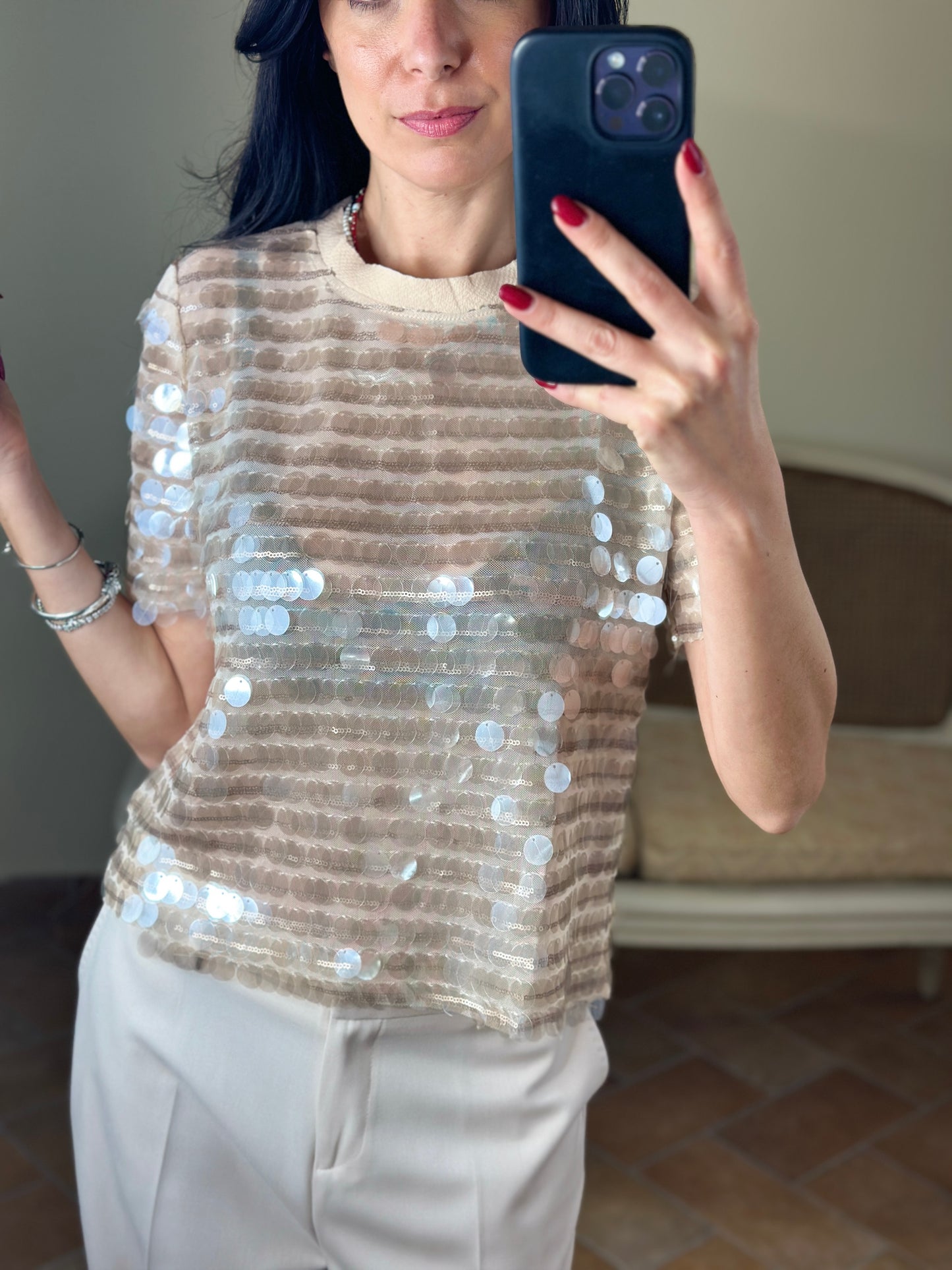 Uni mè t-shirt con paillettes trasparenti var. cipria