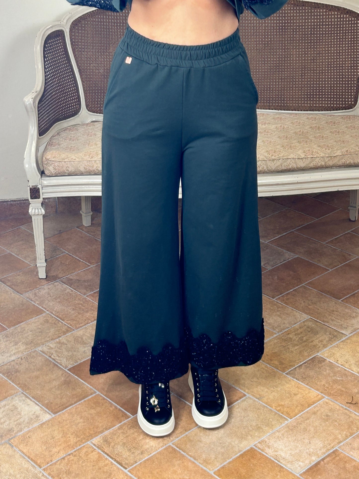 D'Elle pantalone felpato militare con ricamo