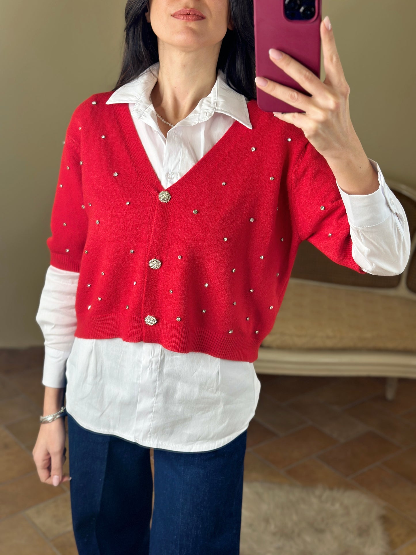 Uni mè Cardigan bottoni gioiello e strass ROSSO