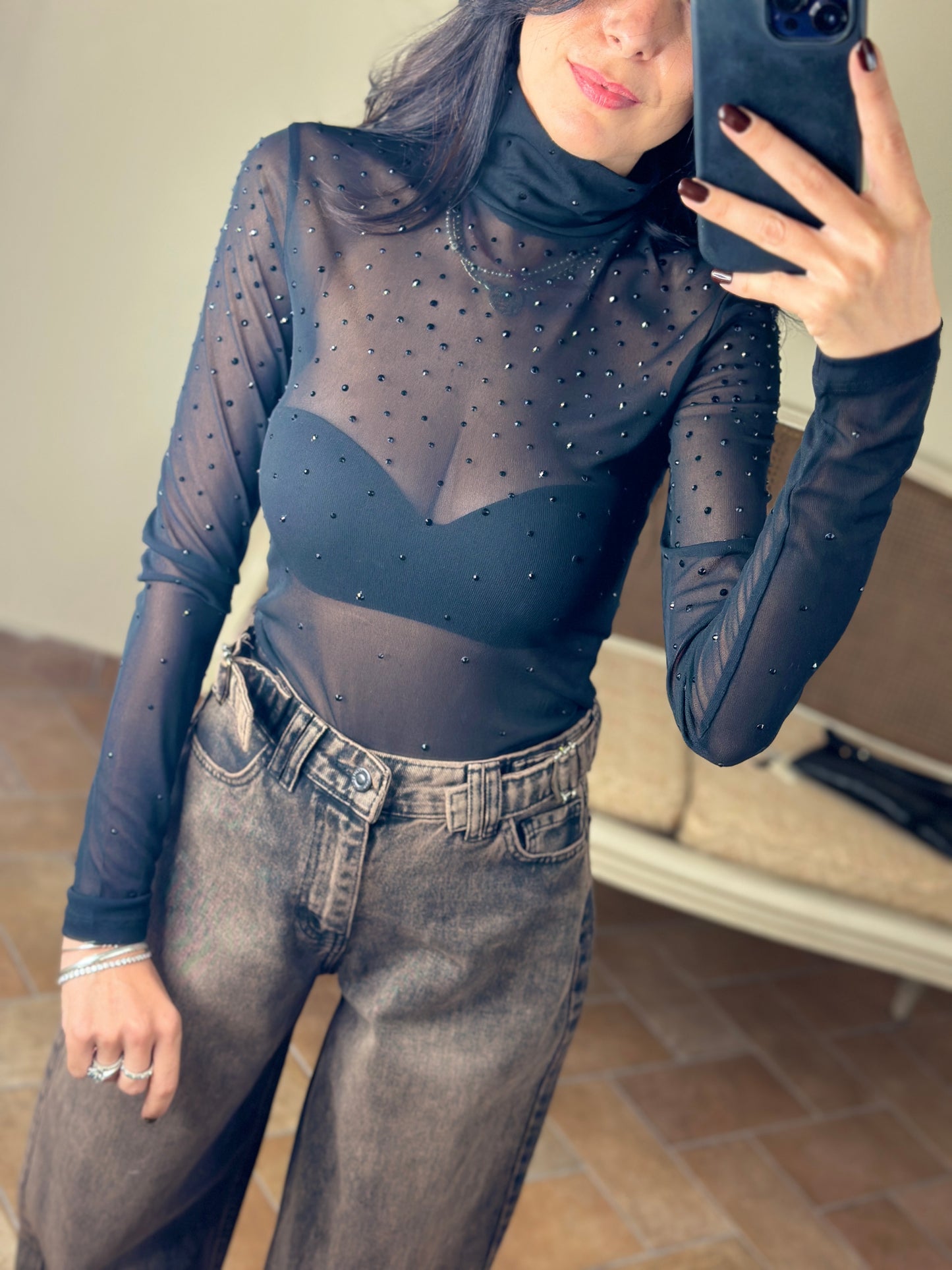 Uni mè Top in mesh con strass