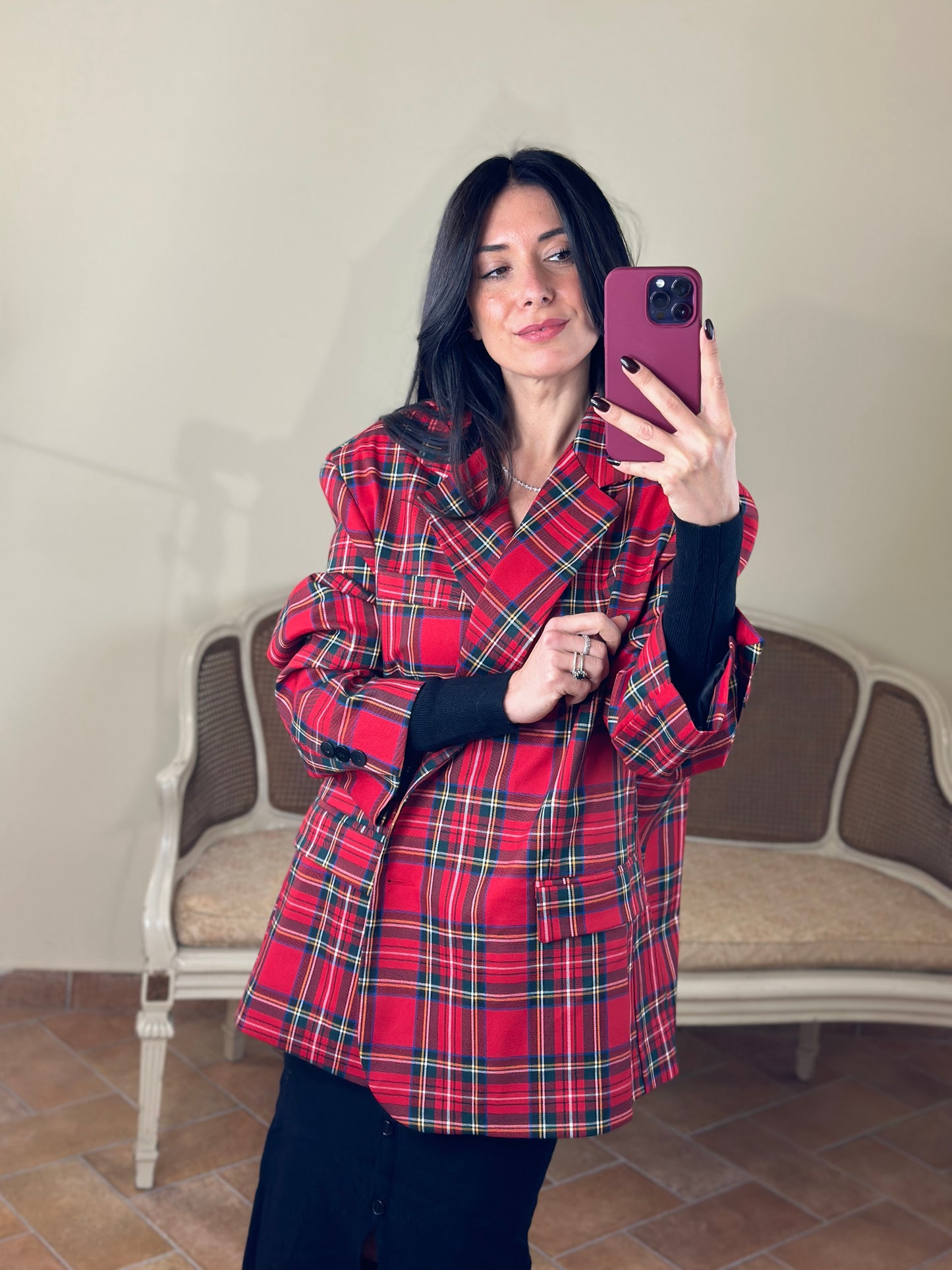 Uni mè Giacca Tartan rosso over