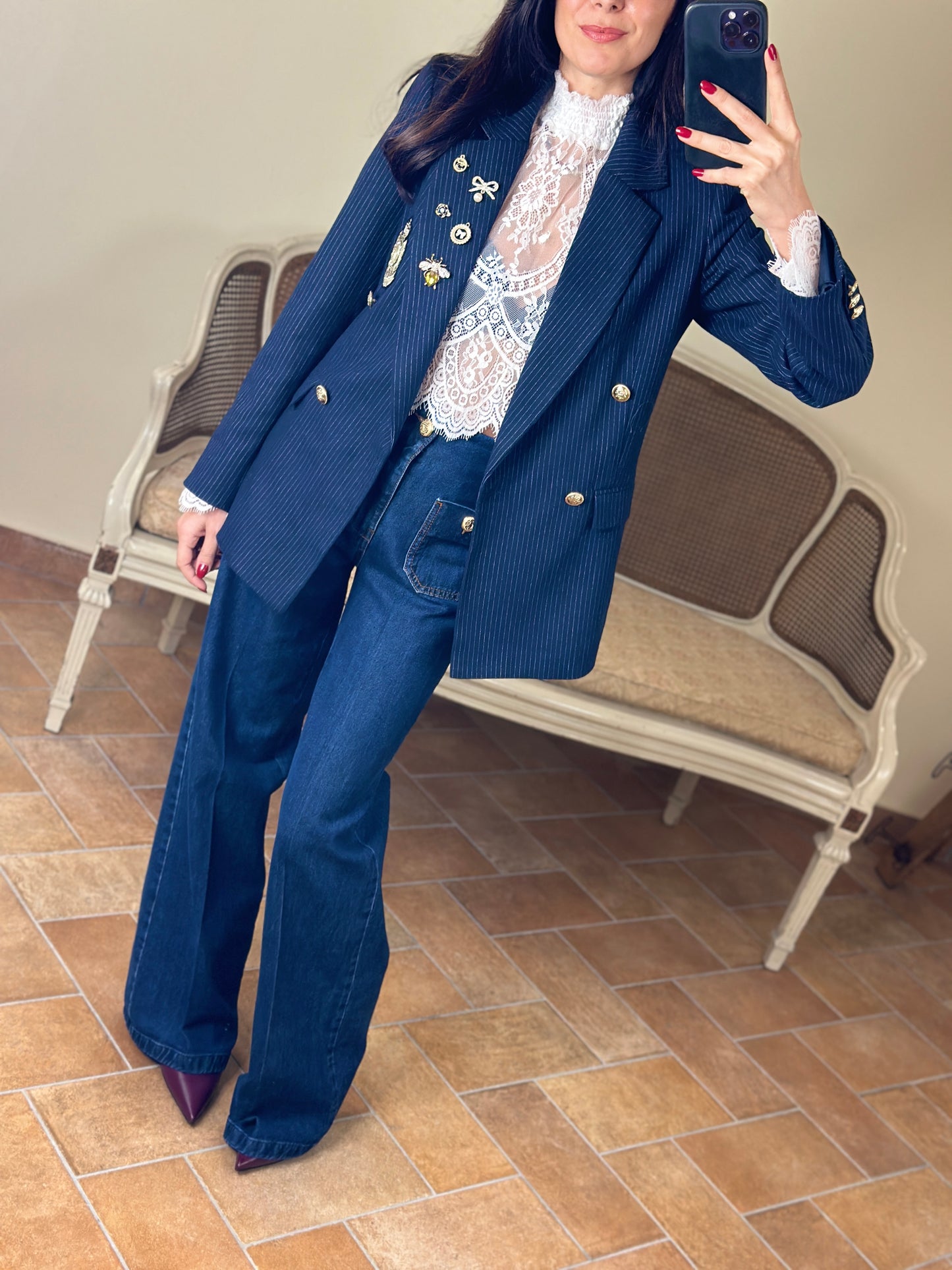 Tensione in Jeans blu denim a palazzo con bottoni oro