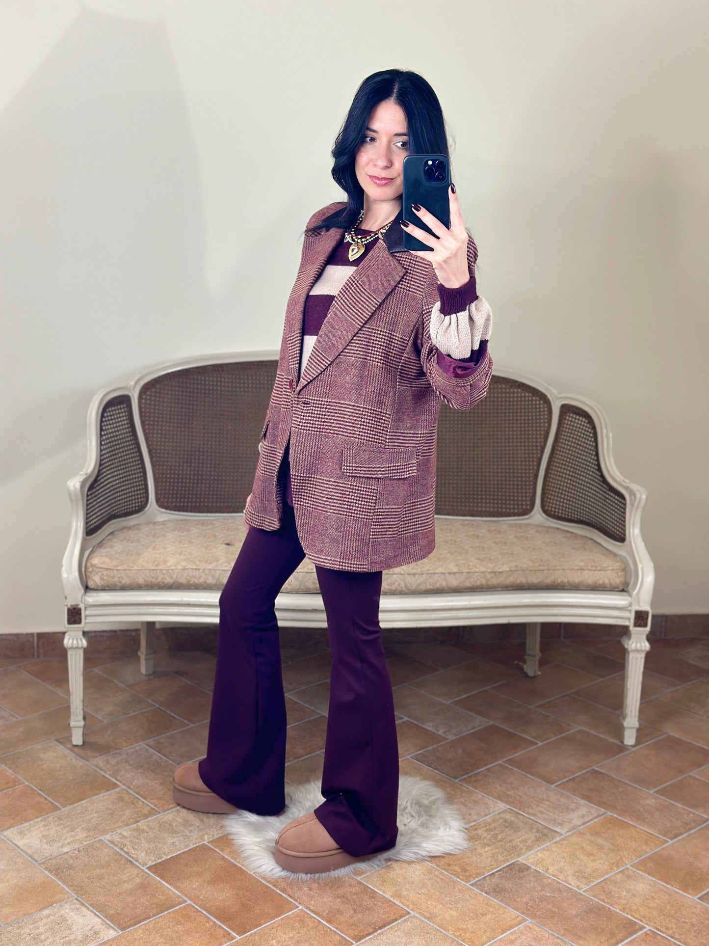 Uni mè blazer principe di Galles  bordeaux con colletto in ecopelle