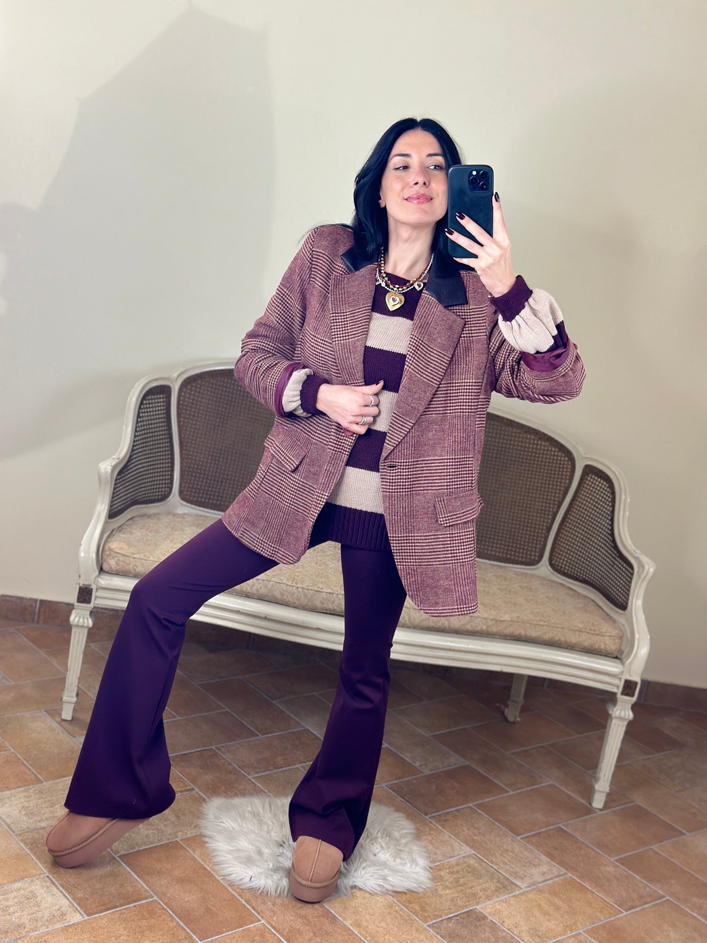 Uni mè blazer principe di Galles  bordeaux con colletto in ecopelle