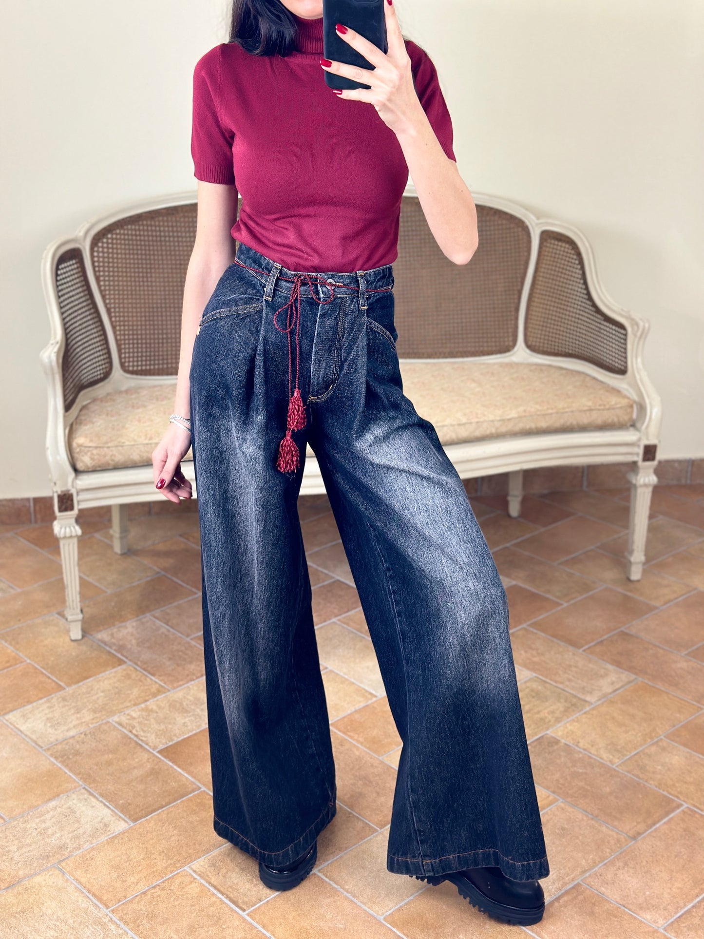 D'elle Jeans palazzo con cordino bordeaux