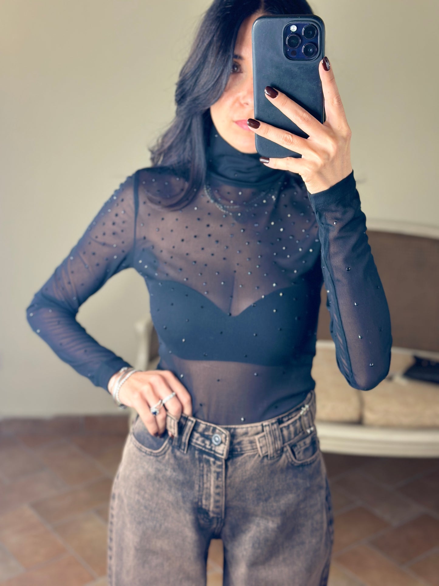 Uni mè Top in mesh con strass