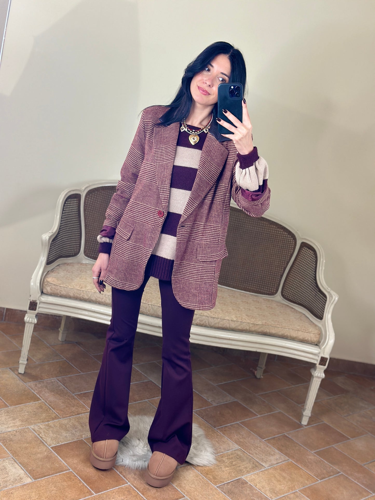 Uni mè blazer principe di Galles  bordeaux con colletto in ecopelle