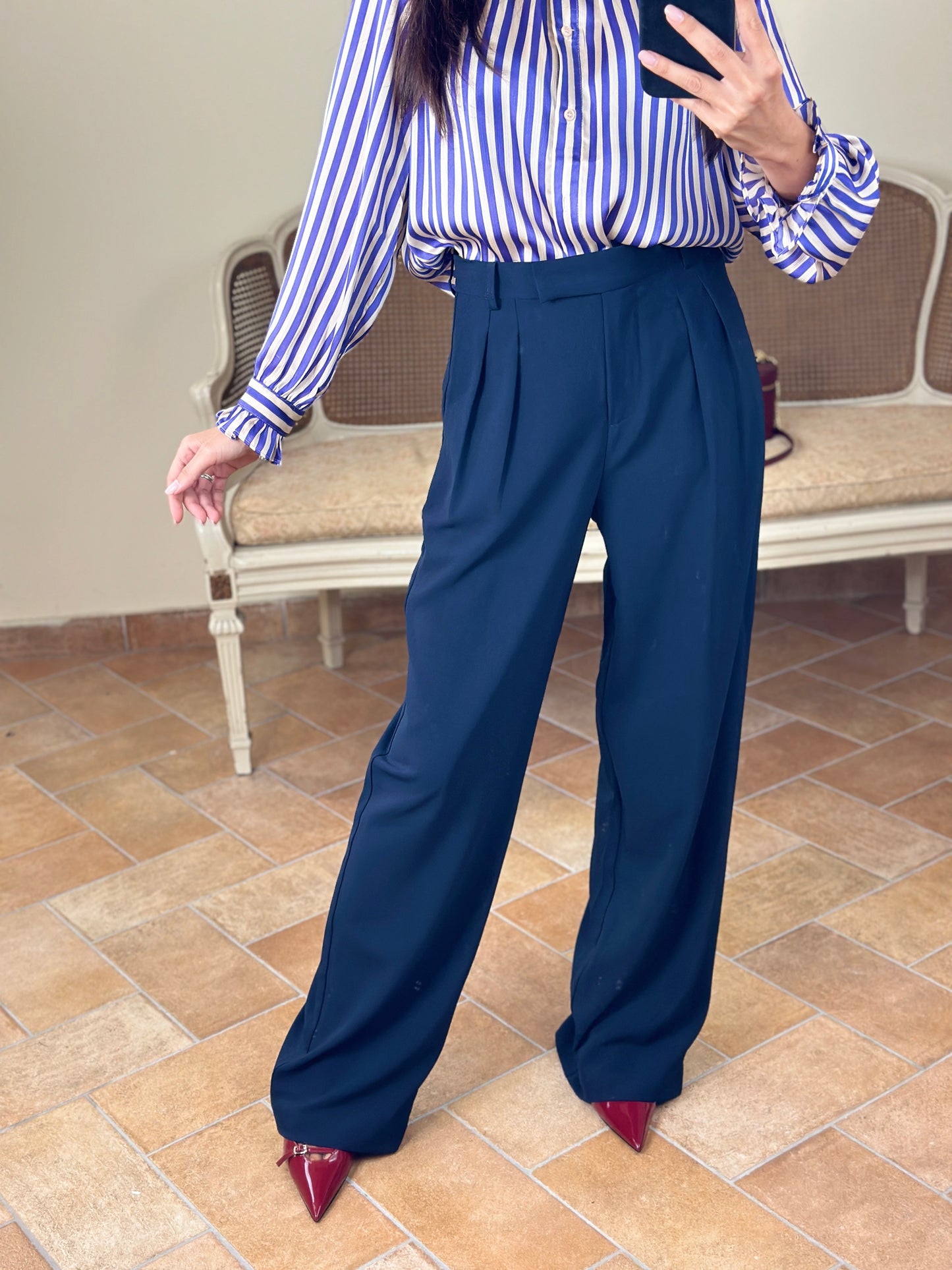 Anonyme PENCE STRETCH pantalone a palazzo blu