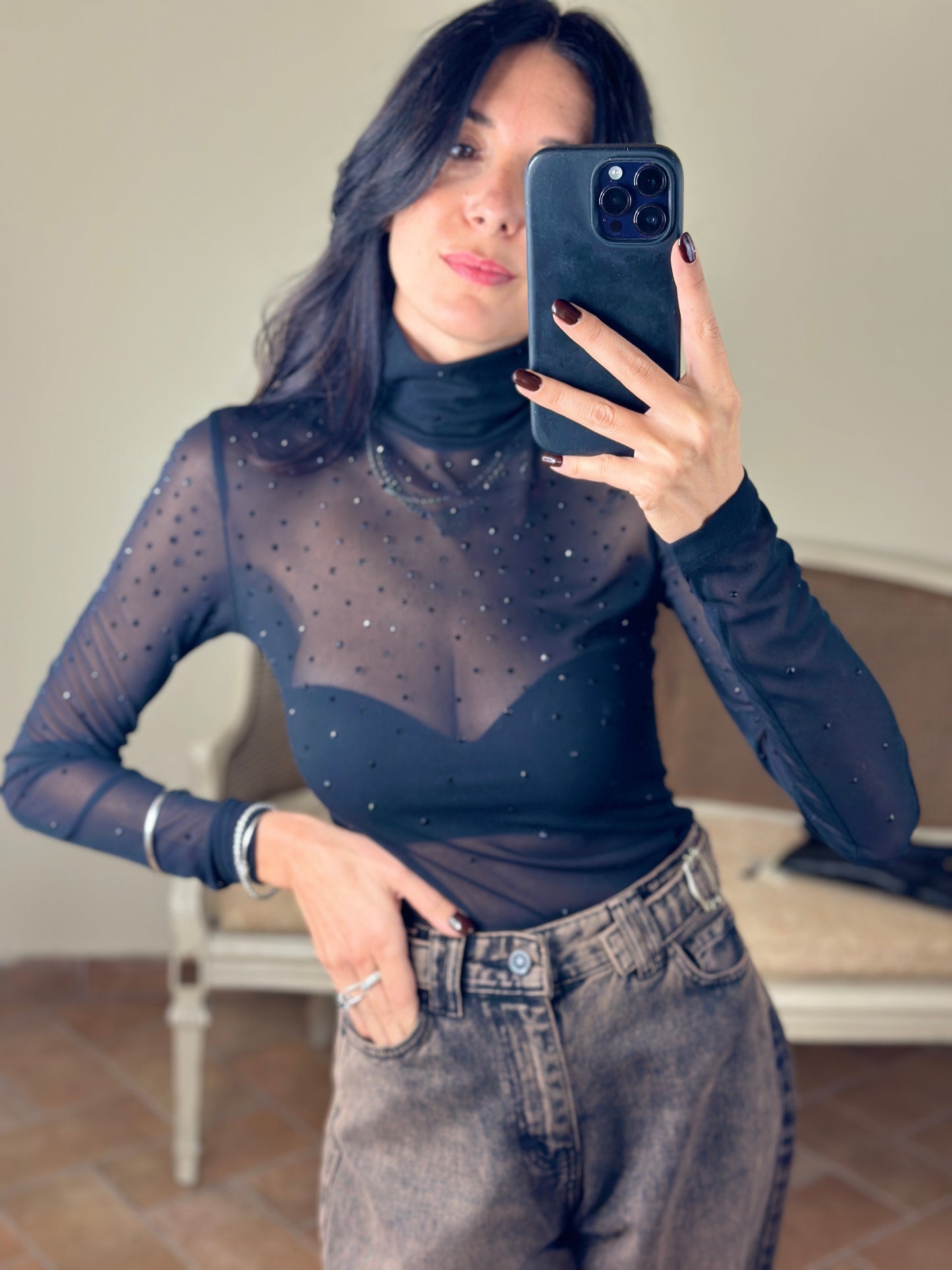 Uni mè Top in mesh con strass