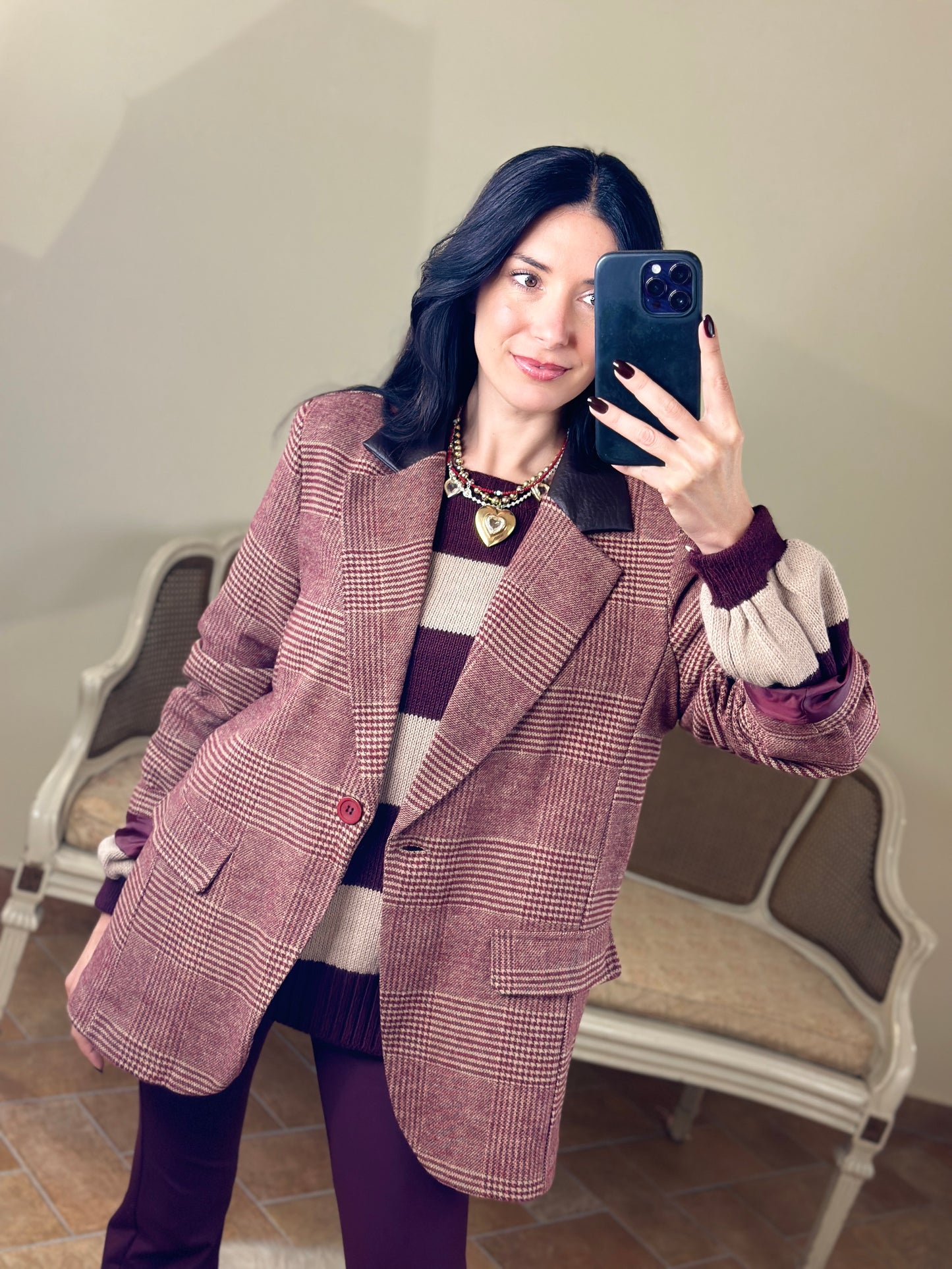 Uni mè blazer principe di Galles  bordeaux con colletto in ecopelle