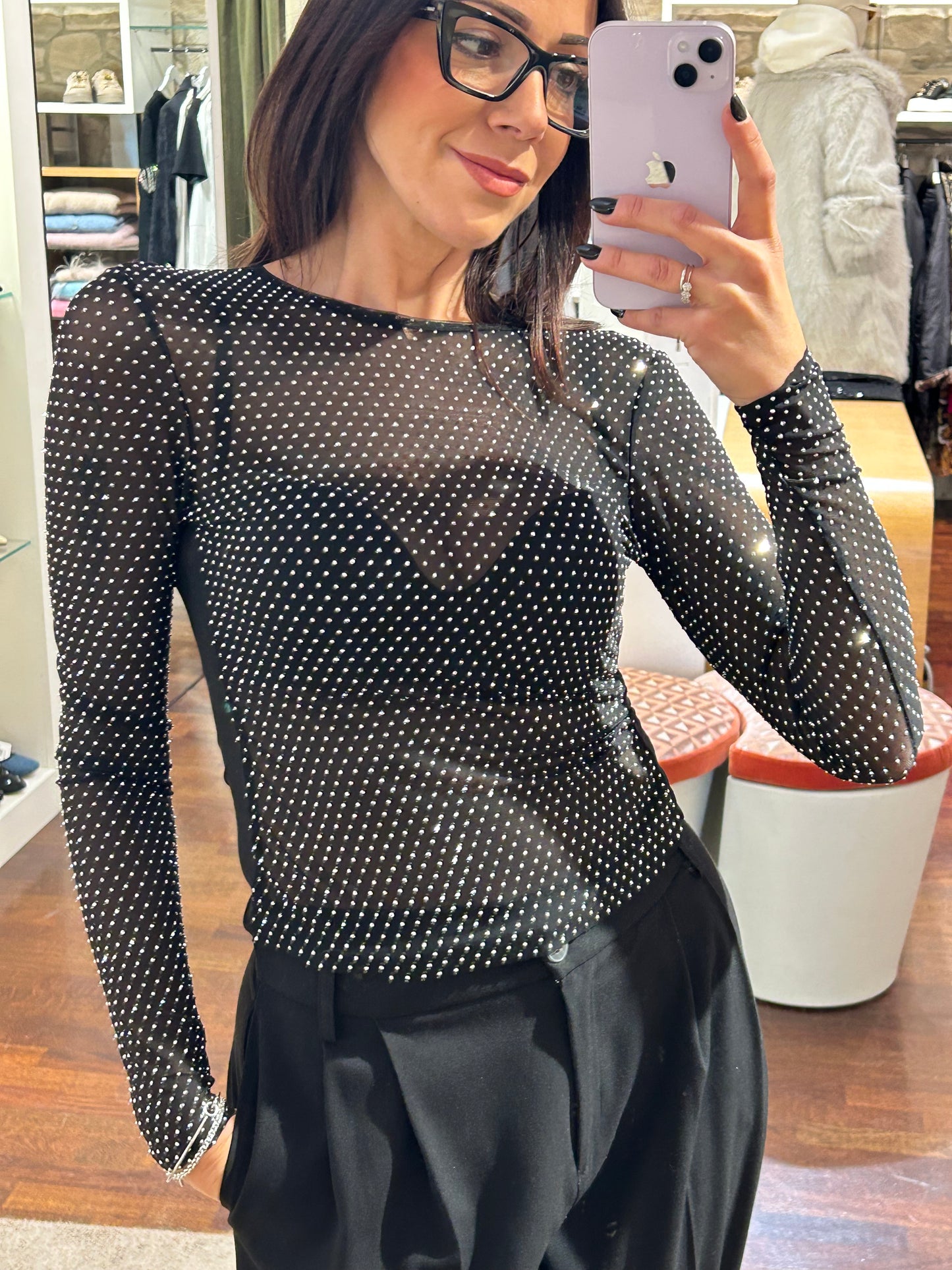 Uni mè top in mesh nero con strass argento frontali